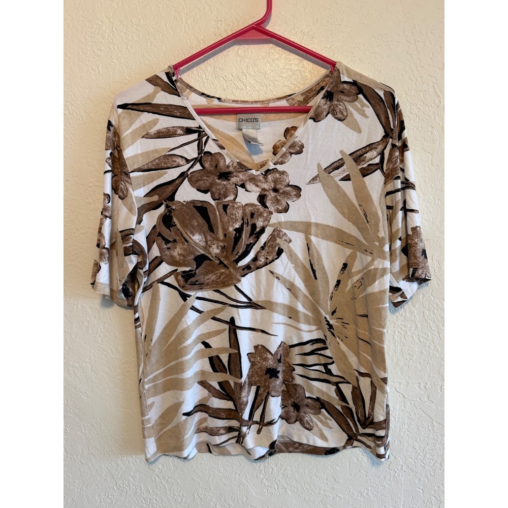 Chicos Tropical Floral Palm Leaf V-Neck Short Sleeve Top Brown White Size 1